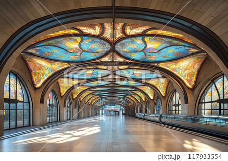 Modern architecture subway station showing beautiful stained glass ceiling 117933554