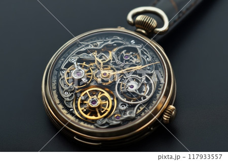 Skeleton pocket watch revealing its intricate mechanism Skeleton pocket watch revealing its intricate mechanism 117933557