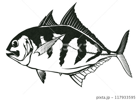 海水魚ギンガメアジのシンプル白黒切り絵イラスト 海水魚ギンガメアジのシンプル白黒切り絵イラスト 117933595