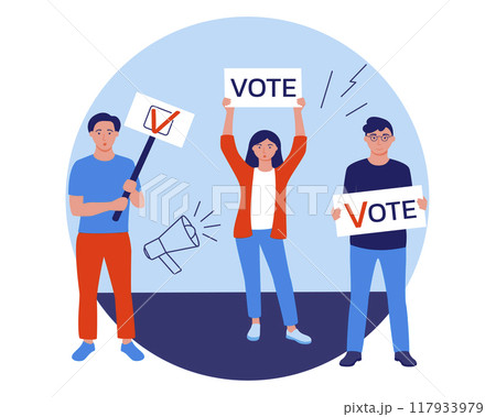 People are holding signs, banners and posters with the inscription Vote. A call to vote. Vector illustration in the flat style. People are holding signs, banners and posters with the inscription Vote. A call to vote. Vector illustration in the flat style. 117933979