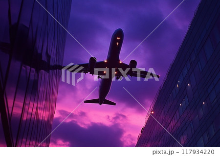 Passenger airplane flying over modern buildings at dusk 117934220