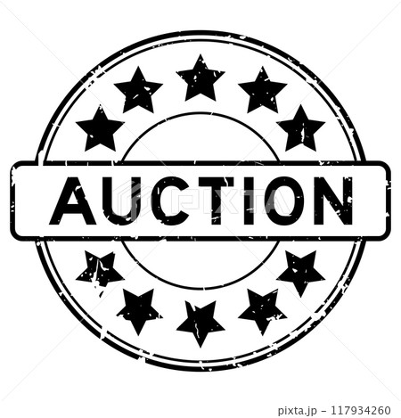 Grunge black word auction with star icon round rubber seal stamp on white background 117934260
