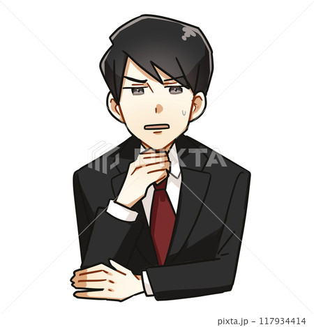 スーツを着た若いビジネスマンの男性が不安な顔をしているバストアップの漫画風イラスト 117934414