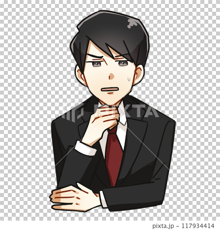 スーツを着た若いビジネスマンの男性が不安な顔をしているバストアップの漫画風イラスト 117934414