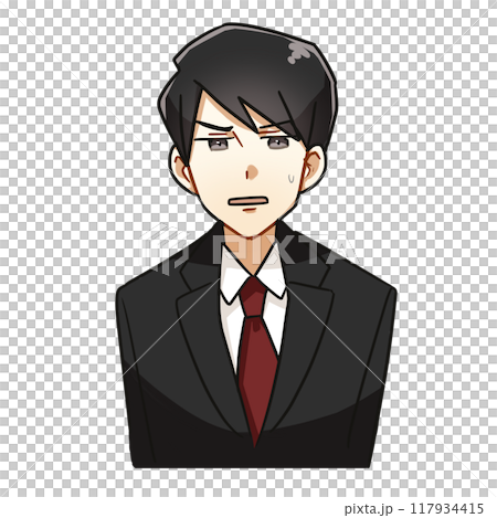 A cartoon-style illustration of a bust-up of a young businessman wearing a suit with an anxious face 117934415