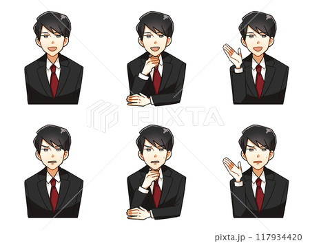 スーツを着た若いビジネスマンの男性のバストアップの漫画風イラストセット スーツを着た若いビジネスマンの男性のバストアップの漫画風イラストセット 117934420
