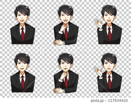 A cartoon-style illustration set of a bust-up of a young businessman wearing a suit A cartoon-style illustration set of a bust-up of a young businessman wearing a suit 117934420