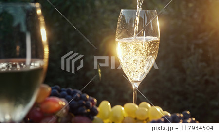 Stunning view of pouring white wine into glass goblet with fresh grape bunch background, sun light 117934504