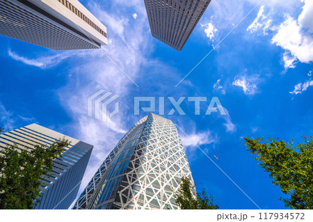 日本の東京都市景観 航空機や東京モード学園コクーンタワー、新宿センタービルなどを望む＝20日 117934572