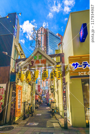 日本の東京都市景観 8月。三軒茶屋駅すぐの飲み屋街「三茶3番街」(三軒茶屋三角地帯)などを望む 日本の東京都市景観 8月。三軒茶屋駅すぐの飲み屋街「三茶3番街」(三軒茶屋三角地帯)などを望む 117934987