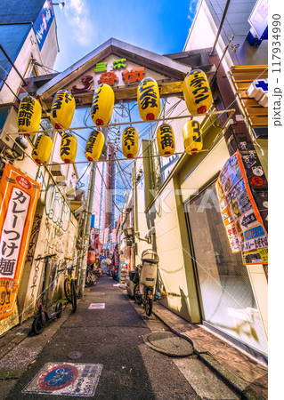 日本の東京都市景観　8月。三軒茶屋駅すぐの飲み屋街「三茶3番街」（三軒茶屋三角地帯）などを望む 117934990