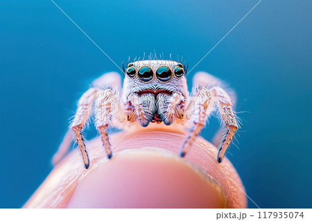 指の上で正面を見つめるハエトリグモのクローズアップ 117935074