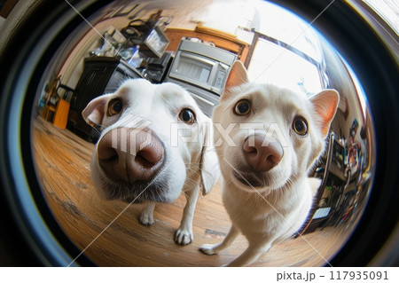 Two curious white dogs looking up in fisheye lens Two curious white dogs looking up in fisheye lens 117935091