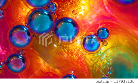 Bright abstract colorful liquid background with drops and bubbles 117935136