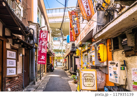日本の東京都市景観 8月。三軒茶屋駅すぐの飲み屋街「三茶3番街」(三軒茶屋三角地帯)などを望む 日本の東京都市景観 8月。三軒茶屋駅すぐの飲み屋街「三茶3番街」(三軒茶屋三角地帯)などを望む 117935139