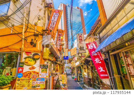 日本の東京都市景観　8月。三軒茶屋駅すぐの飲み屋街「三茶3番街」（三軒茶屋三角地帯）などを望む 117935144