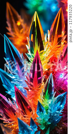 Cluster of colorful fantasy unusually shaped crystals, close-up abstract bright background 117935220