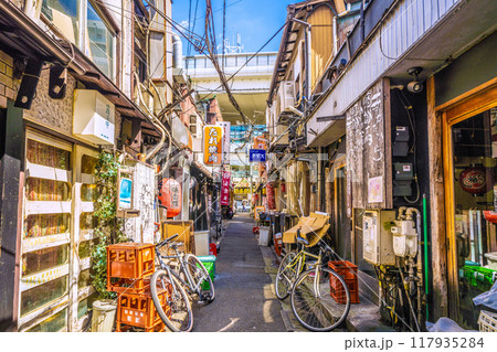 日本の東京都市景観　8月。三軒茶屋駅すぐの飲み屋街「三茶3番街」（三軒茶屋三角地帯）などを望む 117935284