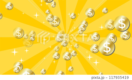 $コインとキラキラ集中線の黄色背景 117935419