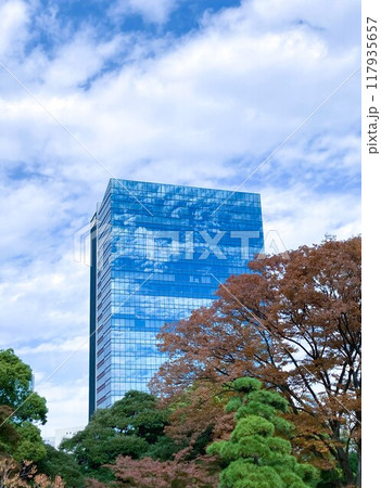 高層ビルのガラスに映る空の美景が、都会の風景を彩る 高層ビルのガラスに映る空の美景が、都会の風景を彩る 117935657