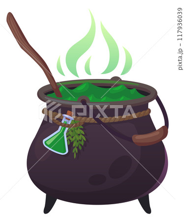 Alchemic potion boiling in cauldron. Fantasy cartoon icon Alchemic potion boiling in cauldron. Fantasy cartoon icon 117936039