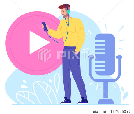 Young man listen podcast in earphones. Radio record 117936057