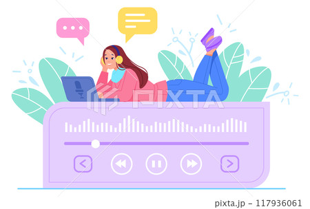 Girl listen podcast. Person in headphones with audio record 117936061