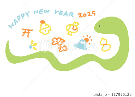 可愛い蛇と正月の縁起物の年賀状　2025  117936120
