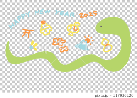 New Year's card with cute snake and lucky New Year's charms 2025 117936120