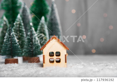 Merry Christmas and Happy New Year greeting card. Miniature house model on background of Christmas trees 117936192
