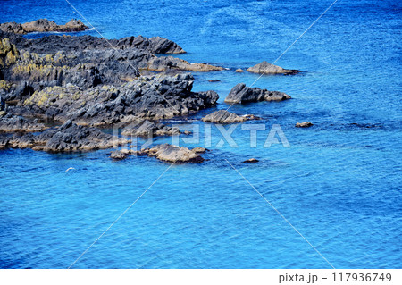 礼文島澄海岬の岩礁と青い海 礼文島澄海岬の岩礁と青い海 117936749