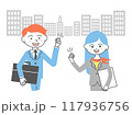 イラスト素材：ビジネス街でガッツポーズをする会社員とビジネスウーマン 117936756