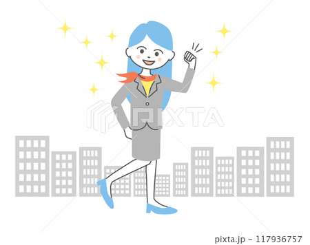イラスト素材：ビジネス街でガッツポーズをするビジネスウーマン 117936757