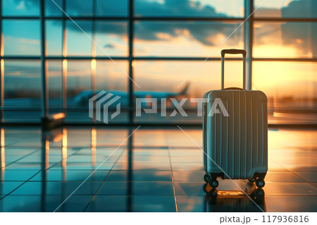 Luggage at departure lounge of airport terminal in front of windows AI Generation 117936816