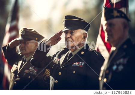 US army military veteran saluting in American flag on memorial day AI Generation US army military veteran saluting in American flag on memorial day AI Generation 117936828