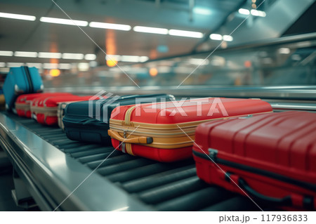 There are suitcases moving on an automated conveyor belt line at airport for inspection AI Generation 117936833
