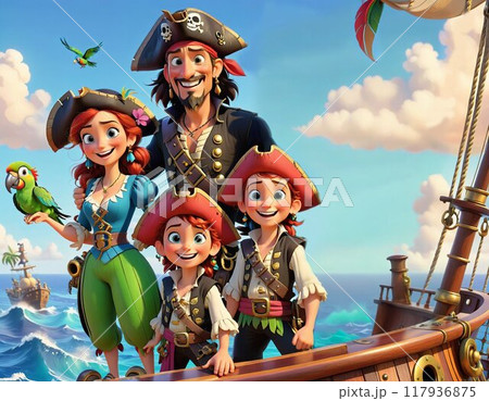 A cheerful family of pirates on the deck of a ship 117936875