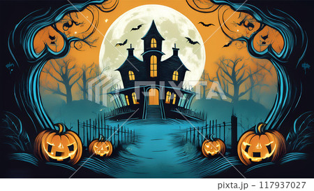 ハロウィンのお化け屋敷とカボチャ 117937027