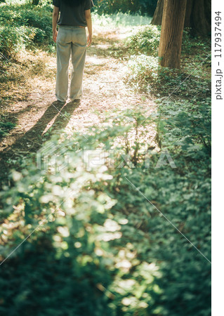 木漏れ日の夕日の光が差し込む森の中を散策する女性の足元 117937494