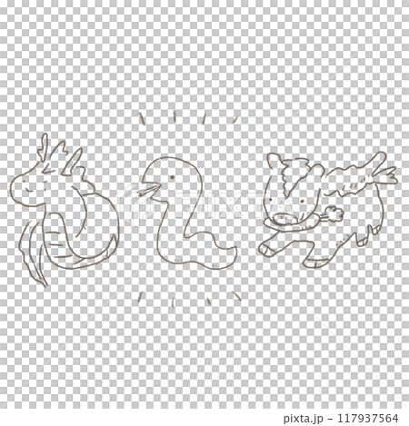 Loose line drawings of dragons, snakes and horses New Year's card material Loose line drawings of dragons, snakes and horses New Year's card material 117937564