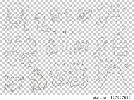 ゆるい線画のヘビ年の年賀状素材セット 117937636