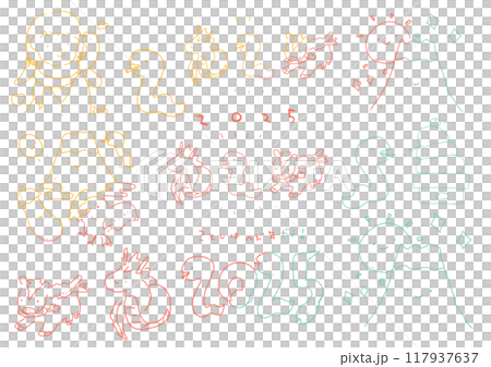 ゆるい線画のヘビ年の年賀状素材セット 117937637