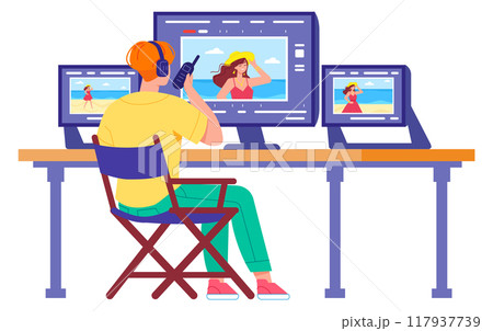 Man watch film scenes on screens. Camera crew character Man watch film scenes on screens. Camera crew character 117937739