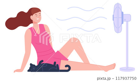 Woman sit under air fan. Cooling room ventilation 117937750
