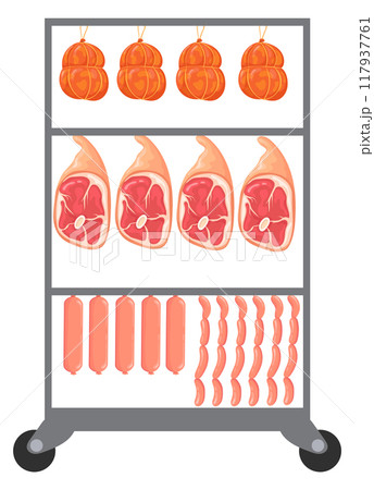 Meat products on metal hanger. Cartoon raw food Meat products on metal hanger. Cartoon raw food 117937761