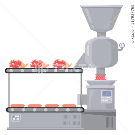 Sausage factory. Industrial meat mincer cartoon icon Sausage factory. Industrial meat mincer cartoon icon 117937769