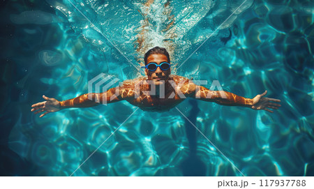 Caucasian young man is athlete swimmer in swimming pool or Cross-sea swimming triathlon competition 117937788