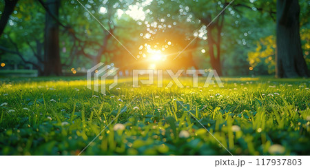 Beautiful spring landscape with lawn of lush in natural sunlight background 117937803