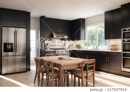 スタイリッシュなデザイナーズマンションのダイニングキッチン スタイリッシュなデザイナーズマンションのダイニングキッチン 117937914
