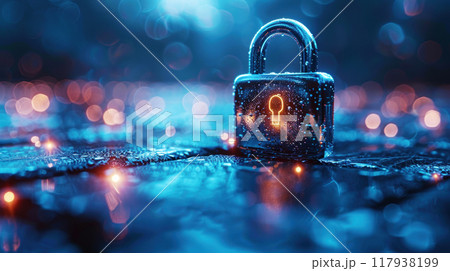 Sparkle blue light shining on master key and lock. Cyber security technology lock digital padlock representing data encryption and network protection. Online privacy 117938199